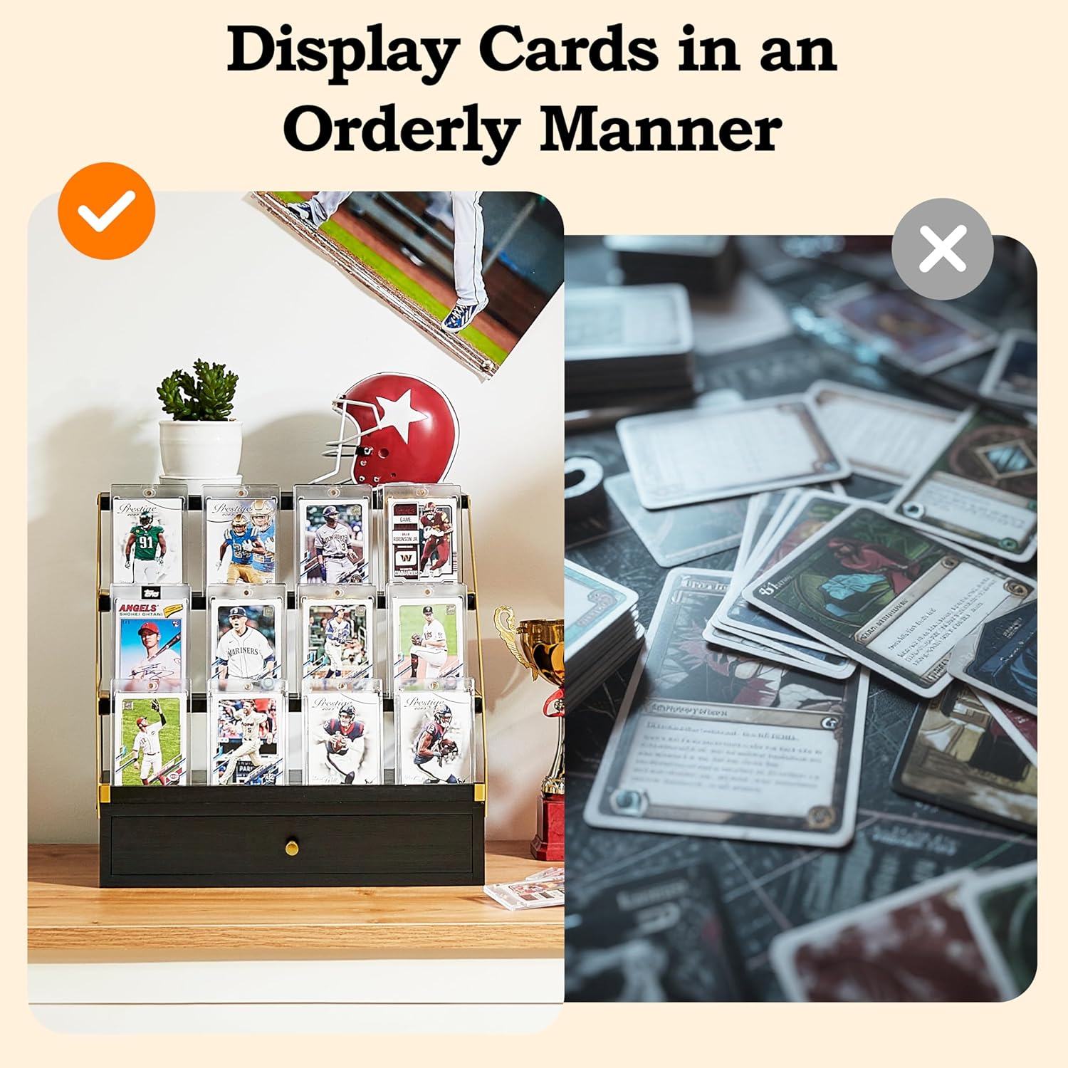 Poyilooo Trading Card Display, 3-Tier Baseball Card Storage with Drawer, Wood Graded Card Display, Sports Card Display Case for Card Game Collection-Trading Card Holder Christmas Gifts (Blackgold)