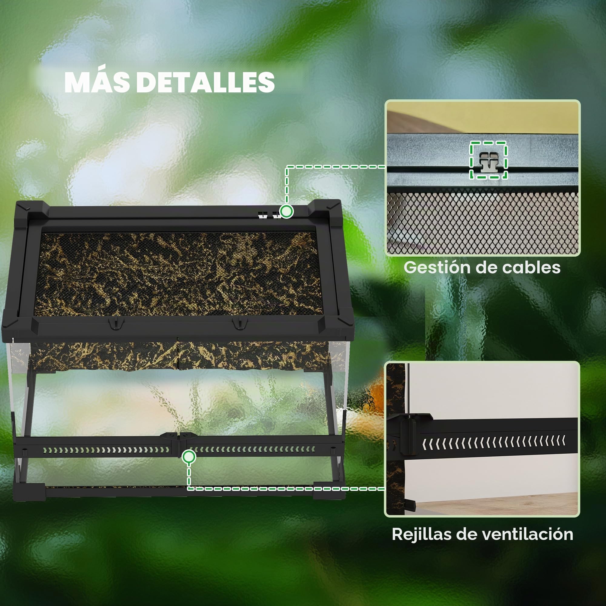 PawHut Terrario de vidrio para reptiles, vivero de reptiles con fondo de piedra, ventilación frontal, cerradura de botón a prueba de fugas, recinto de vidrio para lagartos, ranas con cuernos
