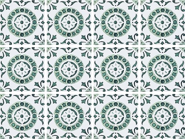 decalmile 12 Pcs Decorative Tile Stickers 15cmX15cm Vintage Green Peel and Stick Self Adhesive Tile Backsplash Vinyl Waterproof Kitchen Bathroom Furniture Stairs Home Decor (6"X6")