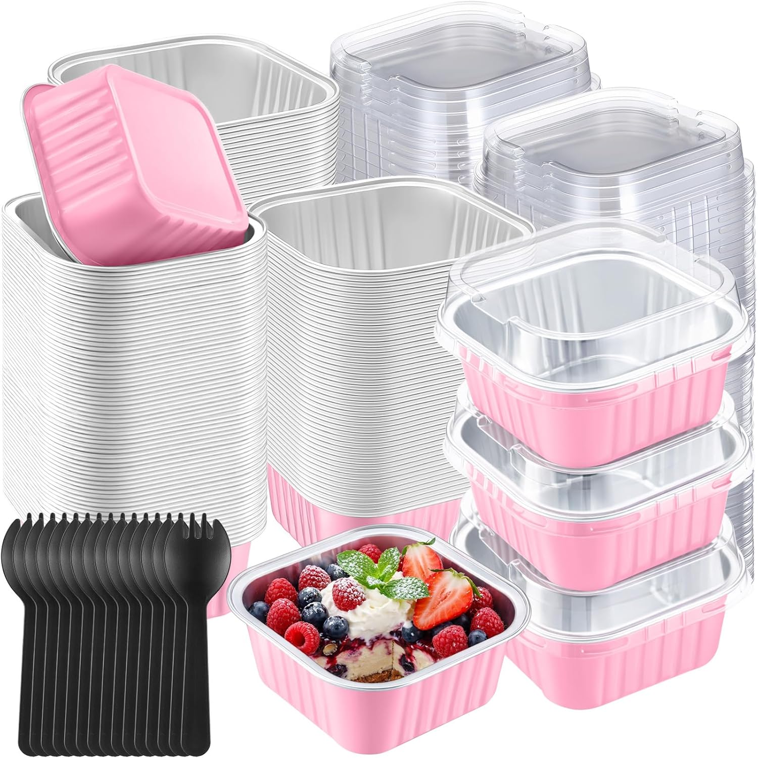 200 Pack 5 oz Mini Cake Pans with Lids and Spoons Bulk Small Aluminum Foil Square Baking Cup Disposable Cupcake Dessert Containers for Ramekin Brownie Muffin Birthday Wedding Party(Pink)
