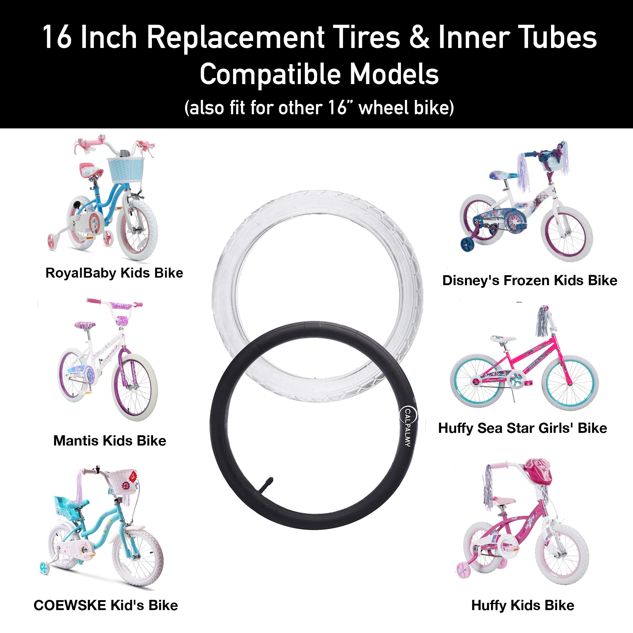 CALPALMY (2 Sets) 16â€_x009d_ x 2.125 Kids Bike Replacement White Tires and Tubes - Compatible with Most 16â€_x009d_ Kids Bikes Like RoyalBaby, Joystar, and Dynacraft - Made from BPA/Latex Free Butyl Rubber