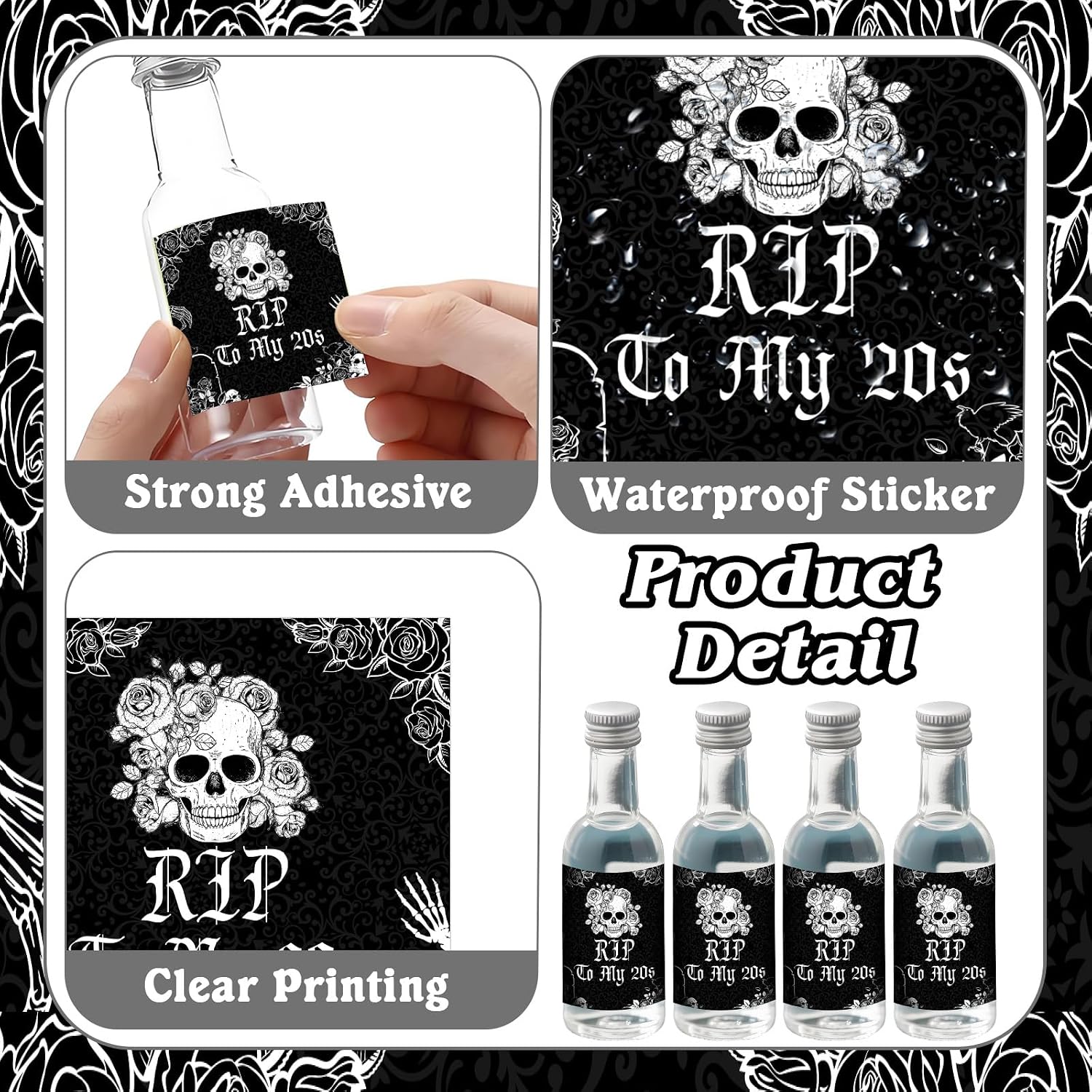 Gothic-Themed 30th Birthday Mini Wine & Champagne Bottle Labels Party Favors 50pcs – Rip To My 20s Mini Liquor Bottles Shot Glass Labels Stickers Happy Birthday Party Decorations