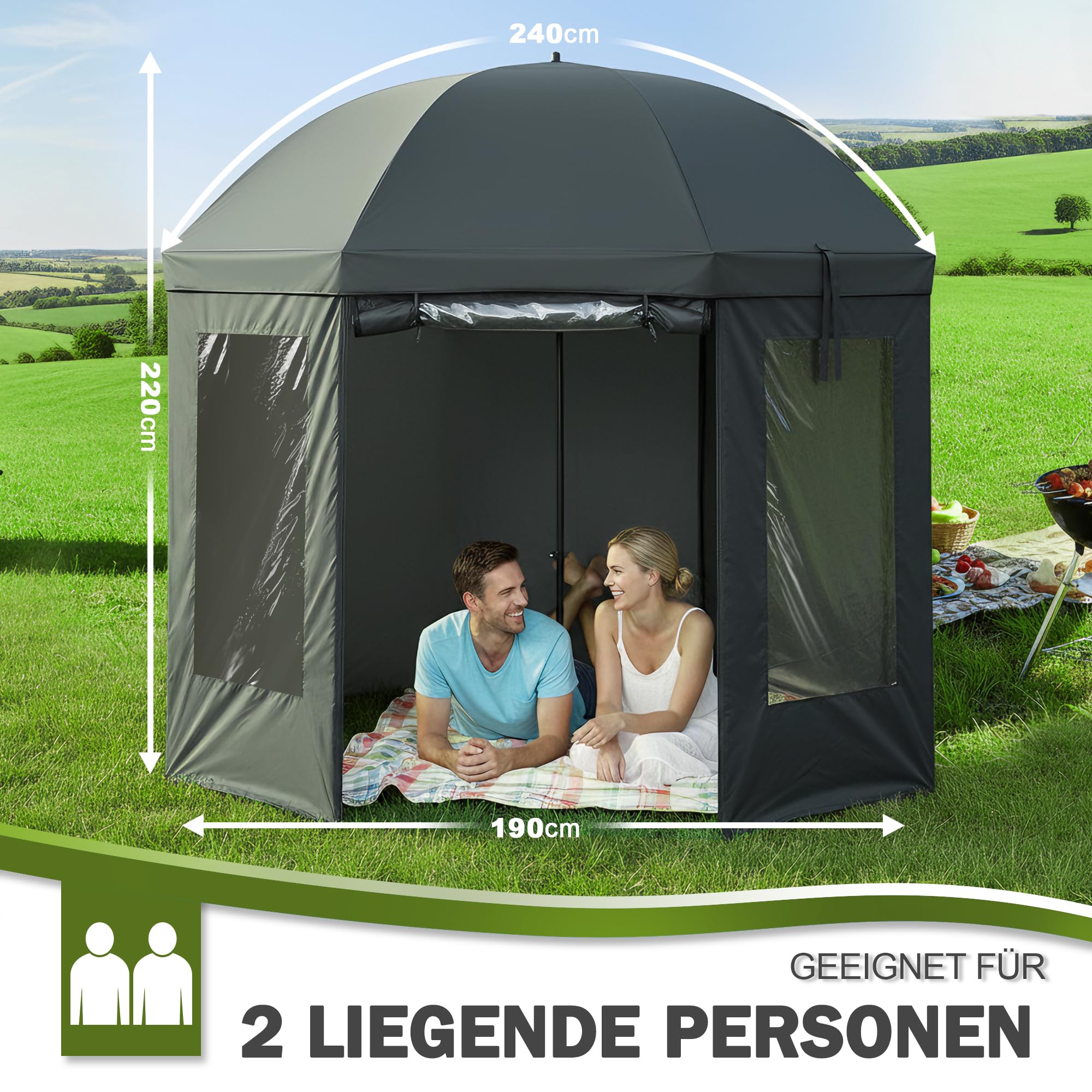 Angelschirm 240 cm - Stabilität Angelschirm mit Seitenwand - 210D Oxford-Gewebe, PU-Wasserdichte, Verstellbar Schirmzelt Angeln mit 3 Fenstern, Einfache Montage, für Outdoor Camping & Angler