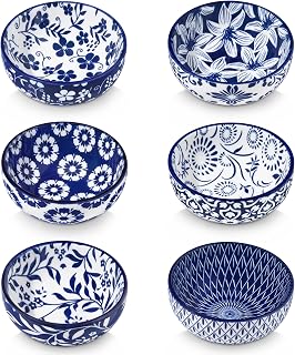 vancasso SELENE Series 6-Piece 2.7oz Ceramic Mini Dipping Bowls - Blue Floral Chinoiserie for Sauces, Sushi, Snacks, Dishwasher Safe