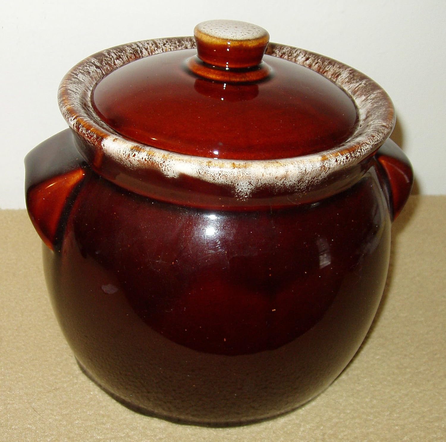 Vintage Brown Drip Glaze Lidded Ceramic Bean Pot Slow