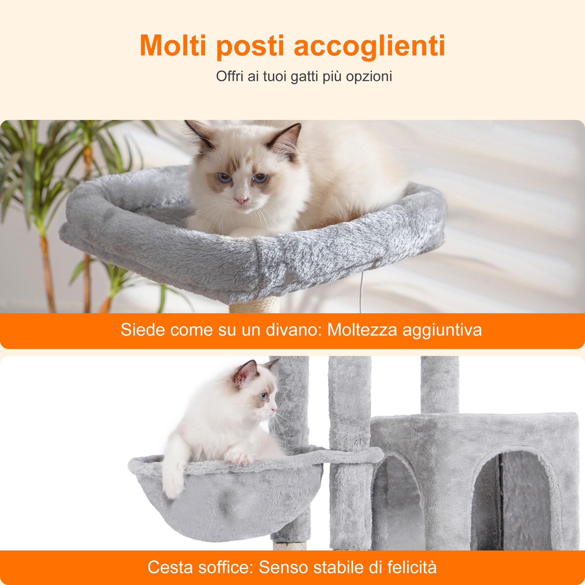 Heybly Albero Per Gatti, Il Pennello di Autocurazione, l'Albero per Gatto Domestici, con Peluche Lisce, Poltrona di Riposo, Nido per Gatti e Paletti per Graffiare, Grigio Chiaro HCT005SW