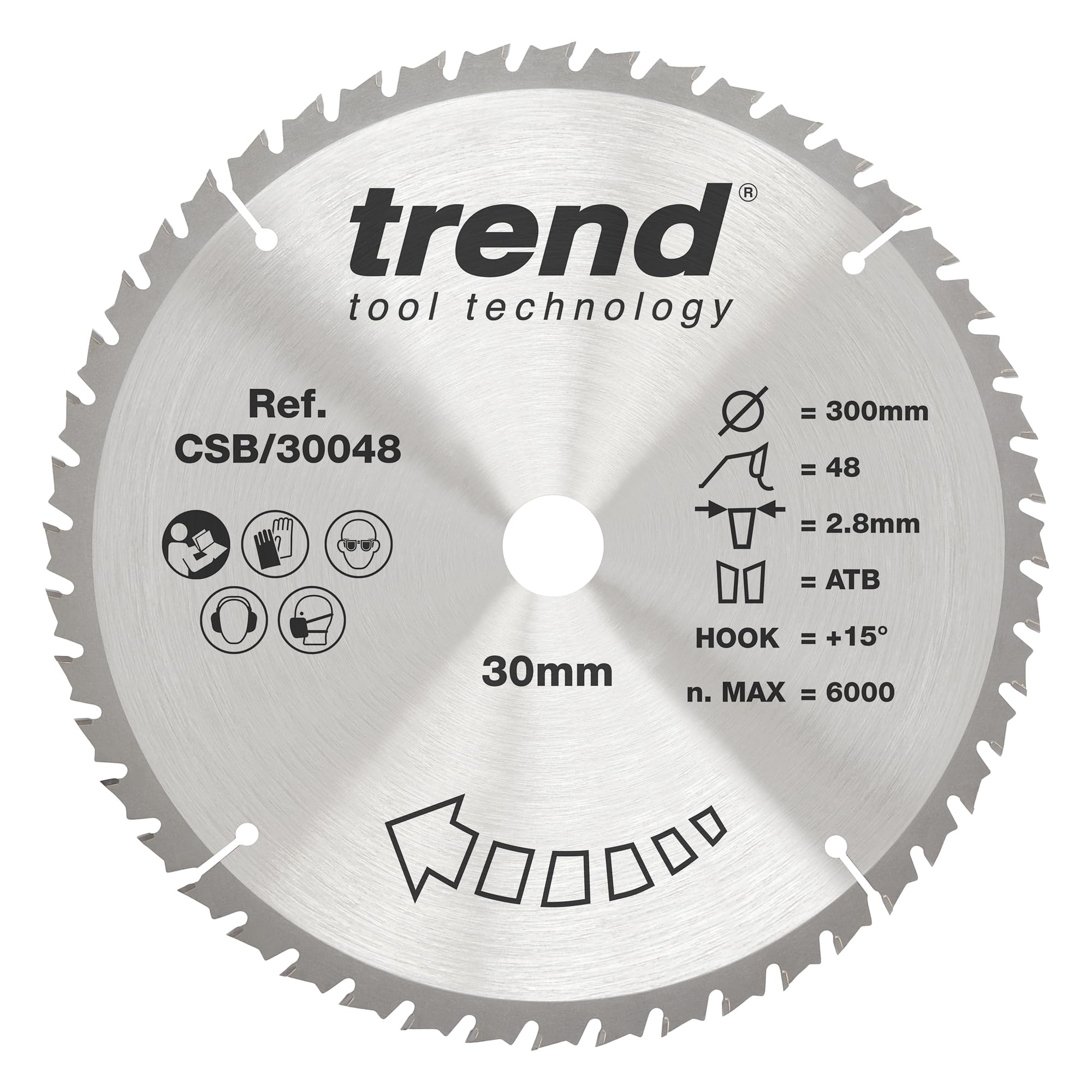 Trend Wood Circular Saw Blade, 300mm Diameter, 30mm Bore, 48 Teeth, 2.8mm Kerf, +15° Hook, TCT, Medium Finish, CSB/30048