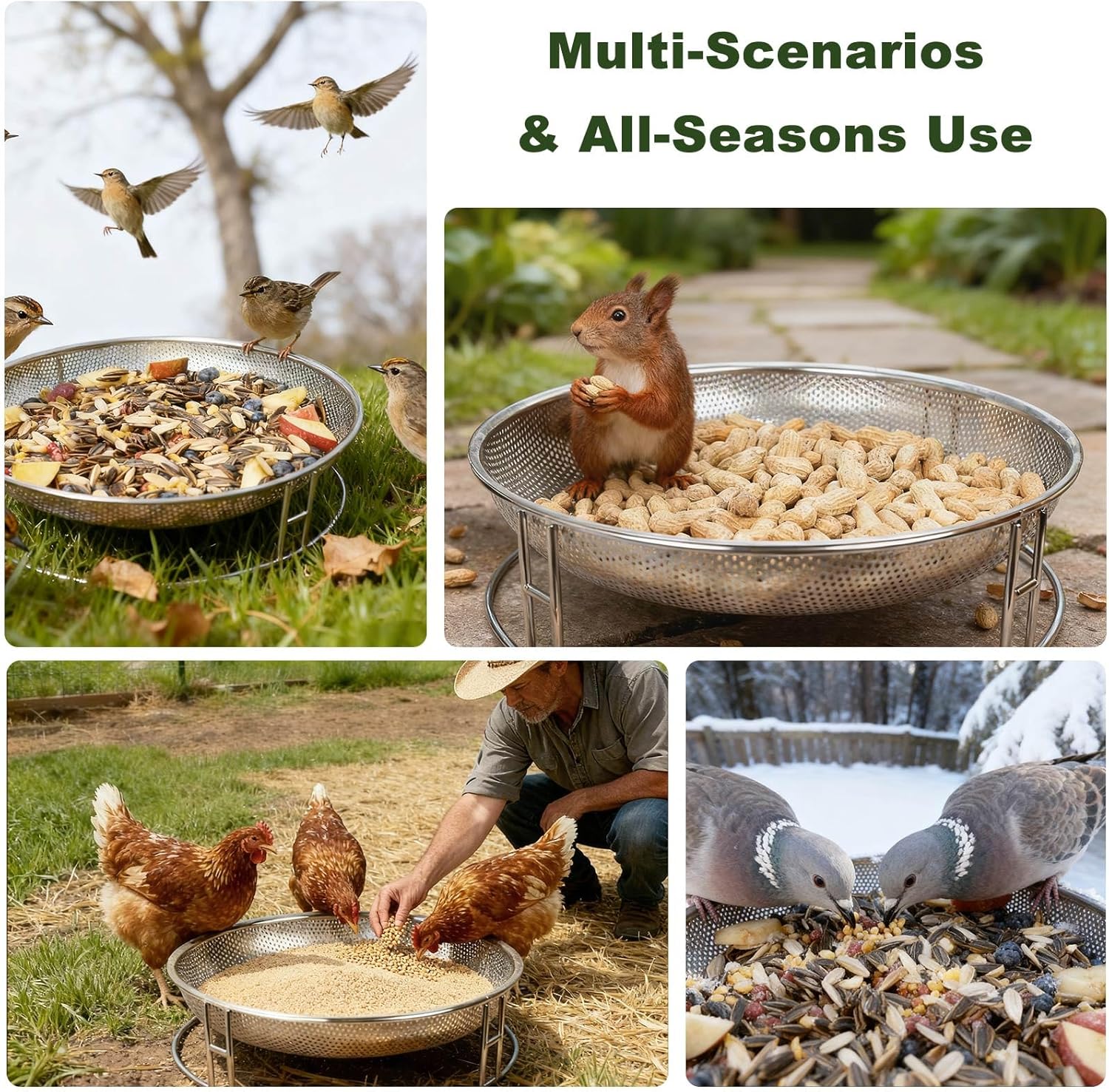 13-Inch Ground Bird Feeder, Stainless Steel Ground Feeding Platform for Wild Birds, Squirrels, Rabbits, Chicken with Additional Birdseed Feeder Tray, Attract Creatures for Backyard, Patio