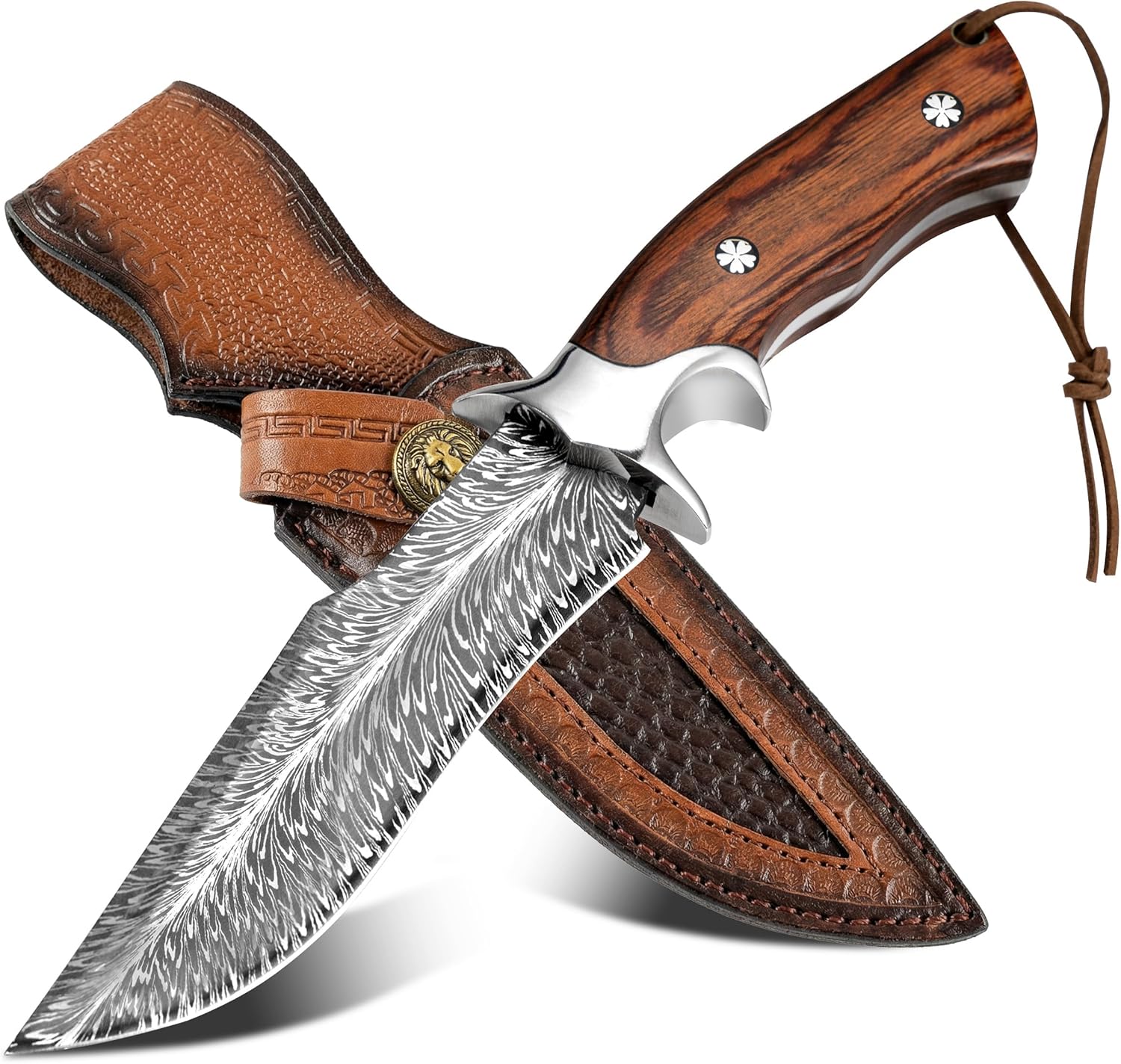 Hunting Knife with 4Cr13MoV Steel Blade & Wooden Handle - 10” Full Tang Fixed Blade for Outdoor Survival, Camping, Bushcraft,Includes Leather Sheath