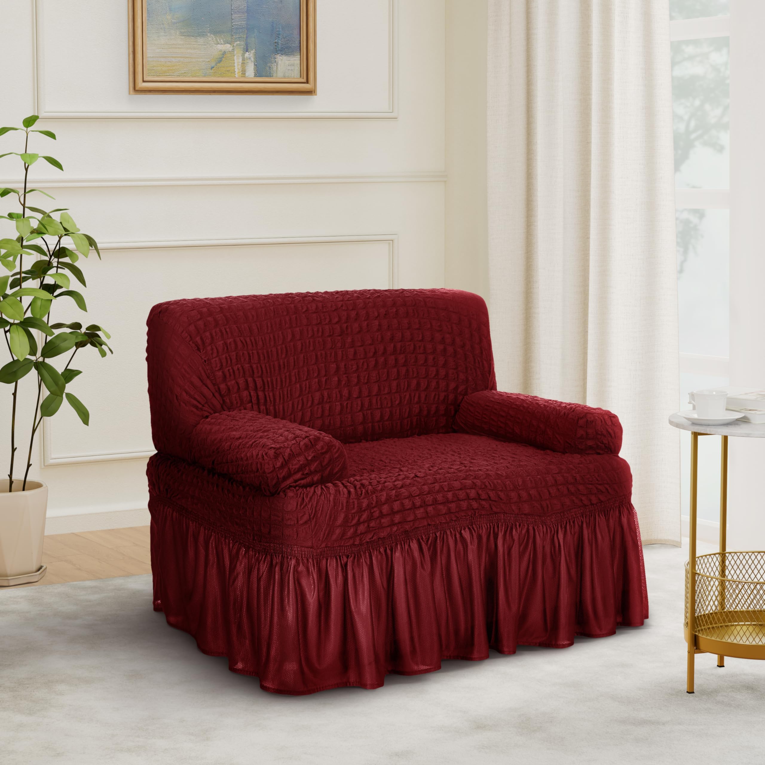 Amazon Brand - Solimo Bubble Sofa Cover with Skirt Polyester and Spandax Fabric Single Seater -Maroon