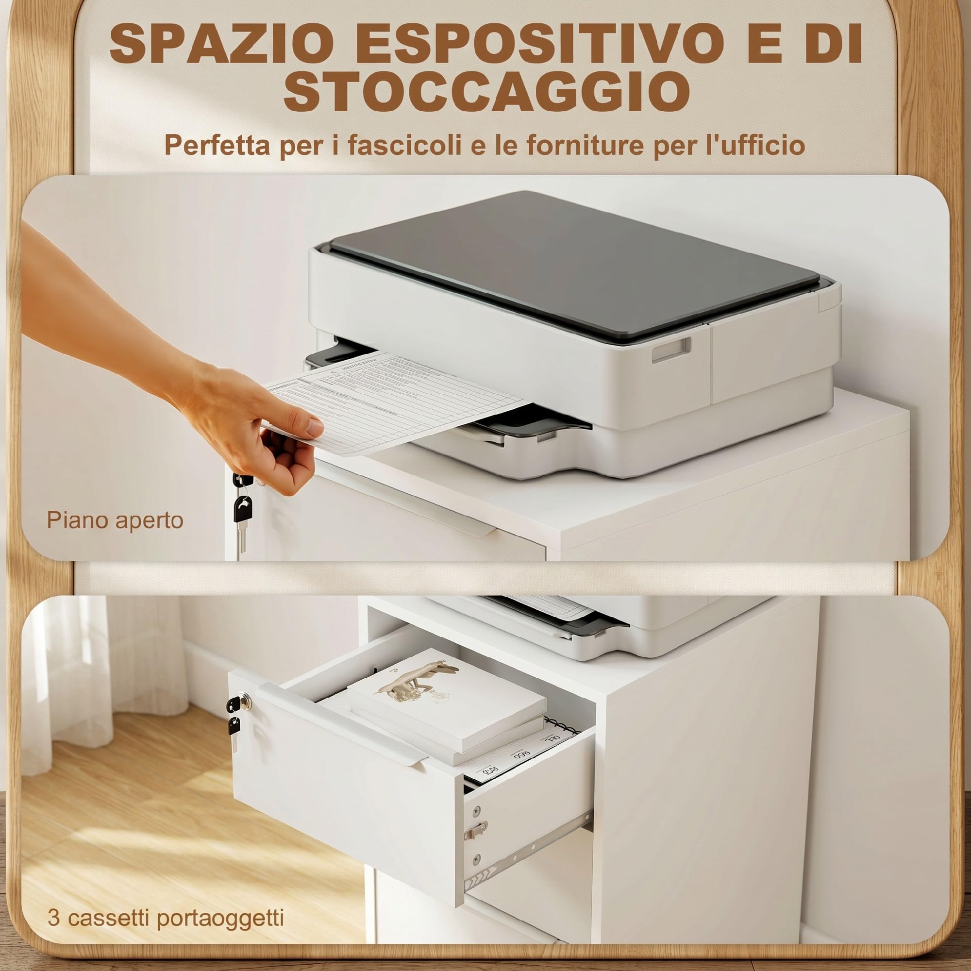 HOMCOM Schedario da Ufficio con 3 Cassetti 40x40x63.5 cm Bianco e Grigio | 4 Ruote, Cassettiera Ufficio, Serratura con 2 Chiavi, Documenti Lettera/A4, Armadietto Verticale da Studio