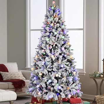 7.5FT Prelit Flocked Christmas Tree with 400 Two Color LED Lights and 45 Colorful Bauble Lights, 10 Flashing Modes, Pre Lit Artificial Christmas Tree with Snow and Memory Wire Technology for Holiday