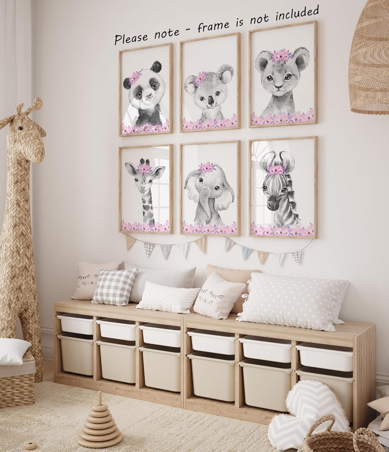 Safari Animals Baby Girls Nursery Set of 6 Unframed Wall Art Prints, Gray Baby Animals with Pink Flowers, Child Bedroom Nursery Decor Posters, Giraffe Elephant Lion Zebra Panda Koala (8x10)
