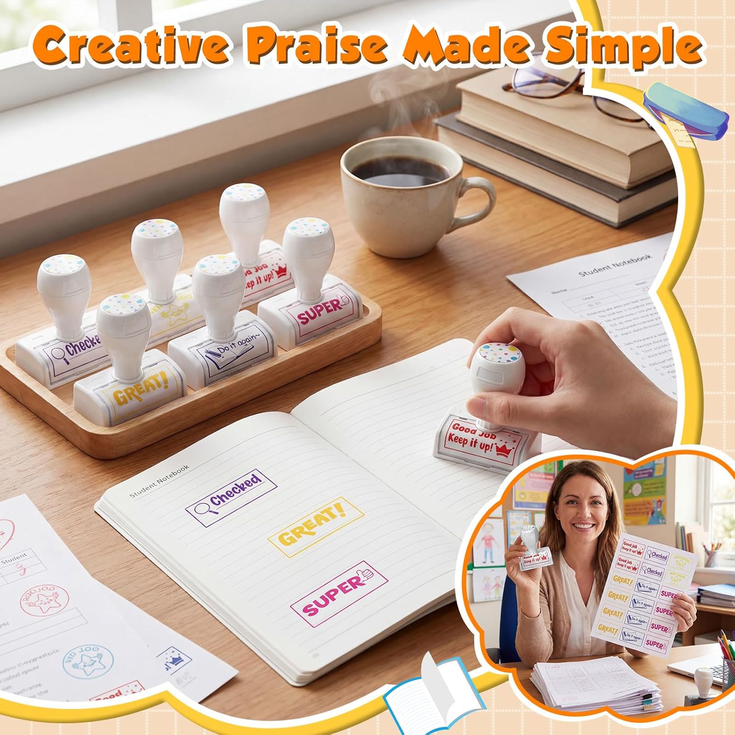 Feifeiya 6 Pcs Teacher Stamps for Grading Self Inking Checkbox Grading Refillable Completed Learning Classroom Stamps, Teacher Gifts for Back to School Student Homework Supplies (Positive Style)