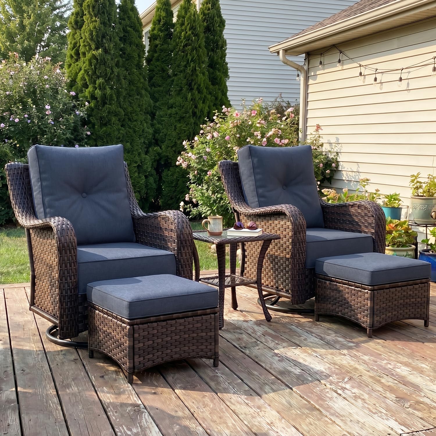 LayinSun 5 Piece Wicker Outdoor Furniture Set with 6-inch Comfy Cushions
