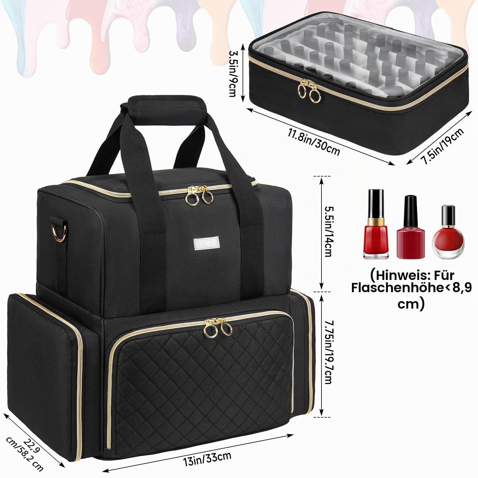 Nagellack Tasche Doppelschichtige Aufbewahrung Organizer für 80 Flaschen 15 ml Nagellampe Schwarz