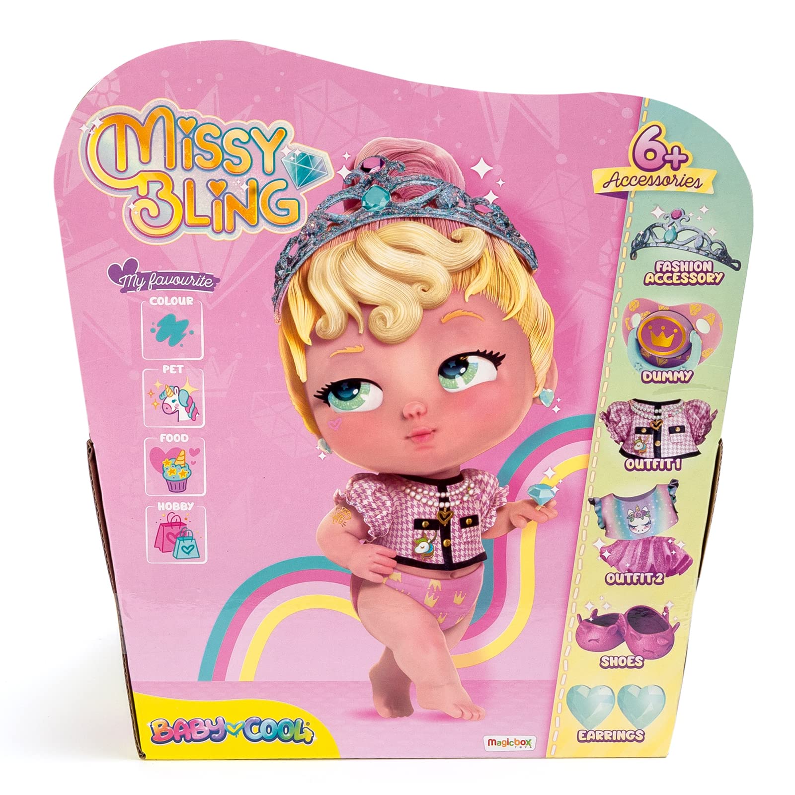 Baby Cool Missy Bling - Muñeca con Ropa, Zapatos y complementos exclusivos de Moda de Estilo glamuroso y Brillante. Incluye 2 Camisetas, 1 tutú, 1 Chupete, 1 Diadema y Pendientes, Multicolor