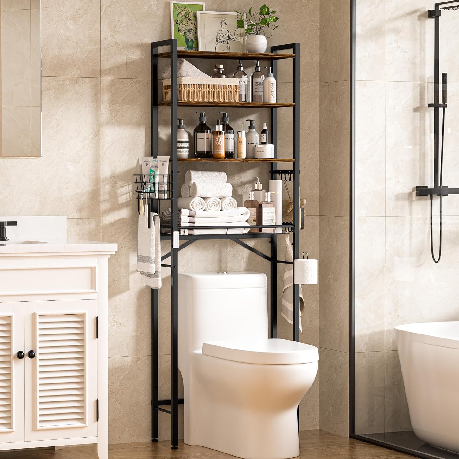 TETOTE Over Toilet Bathroom Organizer, 4-Tier Bathroom Over The Toilet Storage with Adjustable Shelf and Basket, Freestanding Space Saver Bathroom Shelves Above Toilet for Room(Brown)