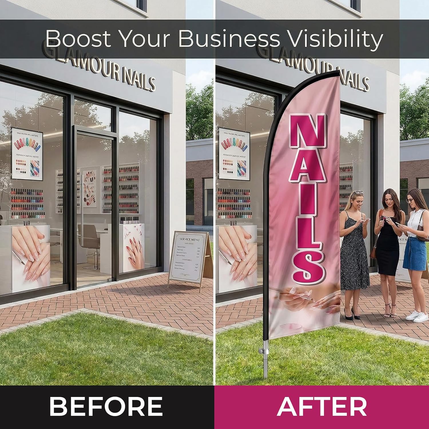 Nails Flag for Business, Nails Signs, 8FT Polyester Advertising Swooper Flag with Aluminium Alloy Flag Pole Kit, Stainless Steel, Ground Spike, Portable Bag
