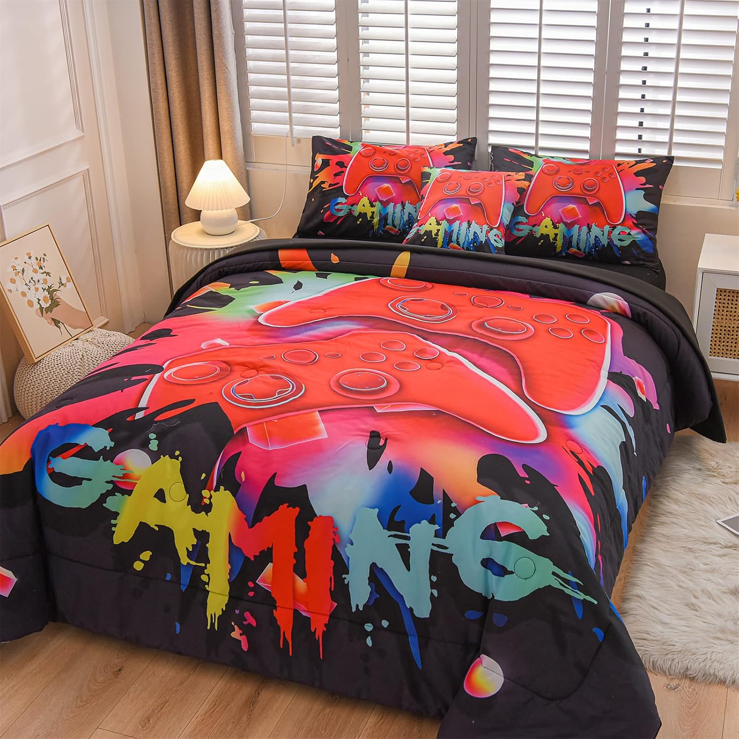 Aimuan Gaming Comforter Sets for Boys Kids Bedding Sets Video Games Console Action Buttons Novelty Colorful Game Gamepad Controller Modern Gamer Room Decor Home Quilt Set (Queen 6 Pcs,Black) image 5