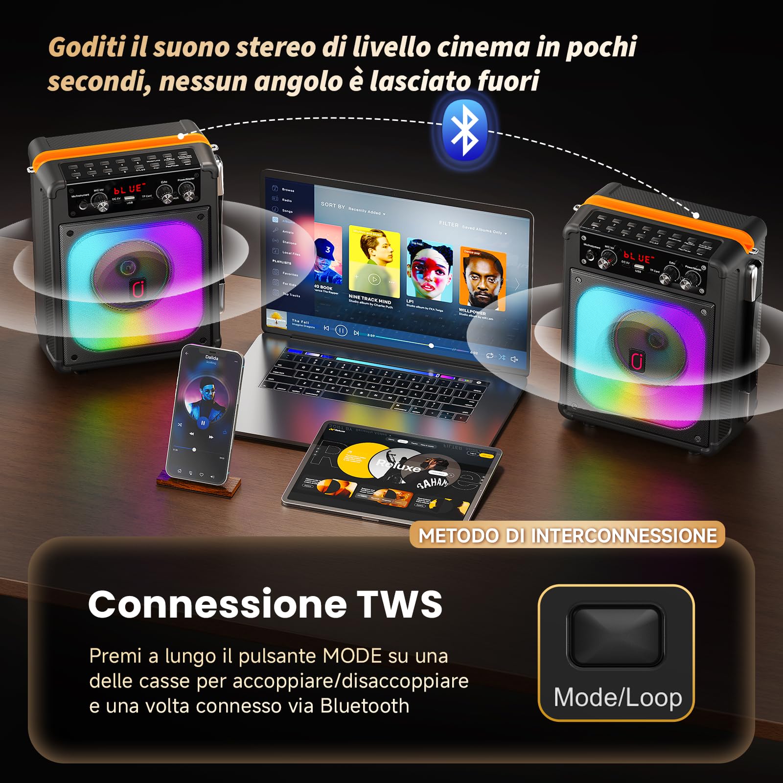 HWWR Karaoke con 2 Microfono, 60W Cassa Bluetooth 5.3 Subwoofer da 6,5, 12 Ore Riproduzione, Karaoke Portatile per Adulti/Bambini con Effetti Luce LED, Festa/Casa/Compleanno