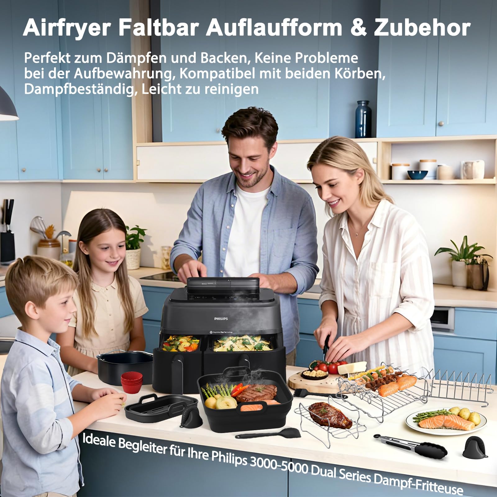 Heißluftfritteuse Zubehör für Philips Airfryer 3000-5000 Serie 9L | Faltbar Silikonform Zubehör Set, Wiederverwendbare Auflaufform Einsatz, Für Philips Dual Basket Airfryer NA350/NA550 9L