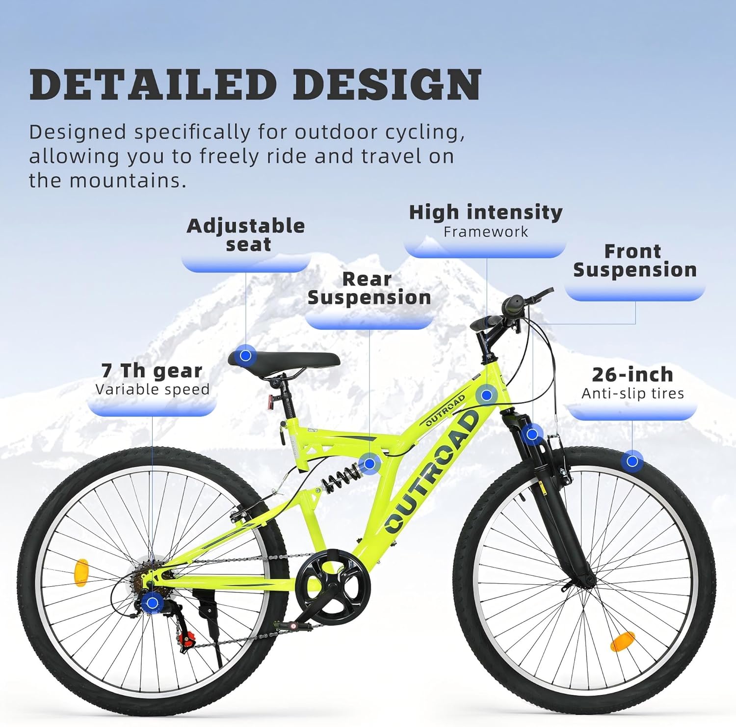 Crownland Outdoor Mountain Hybrid Bike, 26 Inch High Carbon Steel Frame Mountain Bikes, 7 Speed Adjustable MTB Bicycle with Suspension Fork for Men and Women