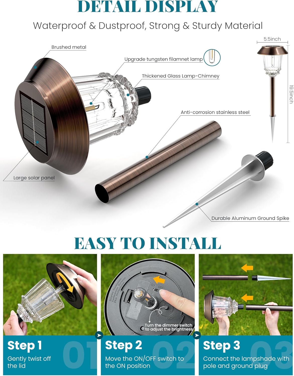 Solar Lights Outdoor Waterproof,4 Pack Bronze Pathway Lights with 10-40 LM Dimmable Glass and Metal, Solar Powered Garden Fall Decor for Yard,Patio,Pathway,Driveway(Warm White) - Image 4