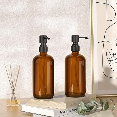 Miniatura 8 de AmazerBath Dispensador de jabón de vidrio ámbar, juego de 2 dispensadores de jabón con bomba de acero inoxidable, botella dispensadora de jabón