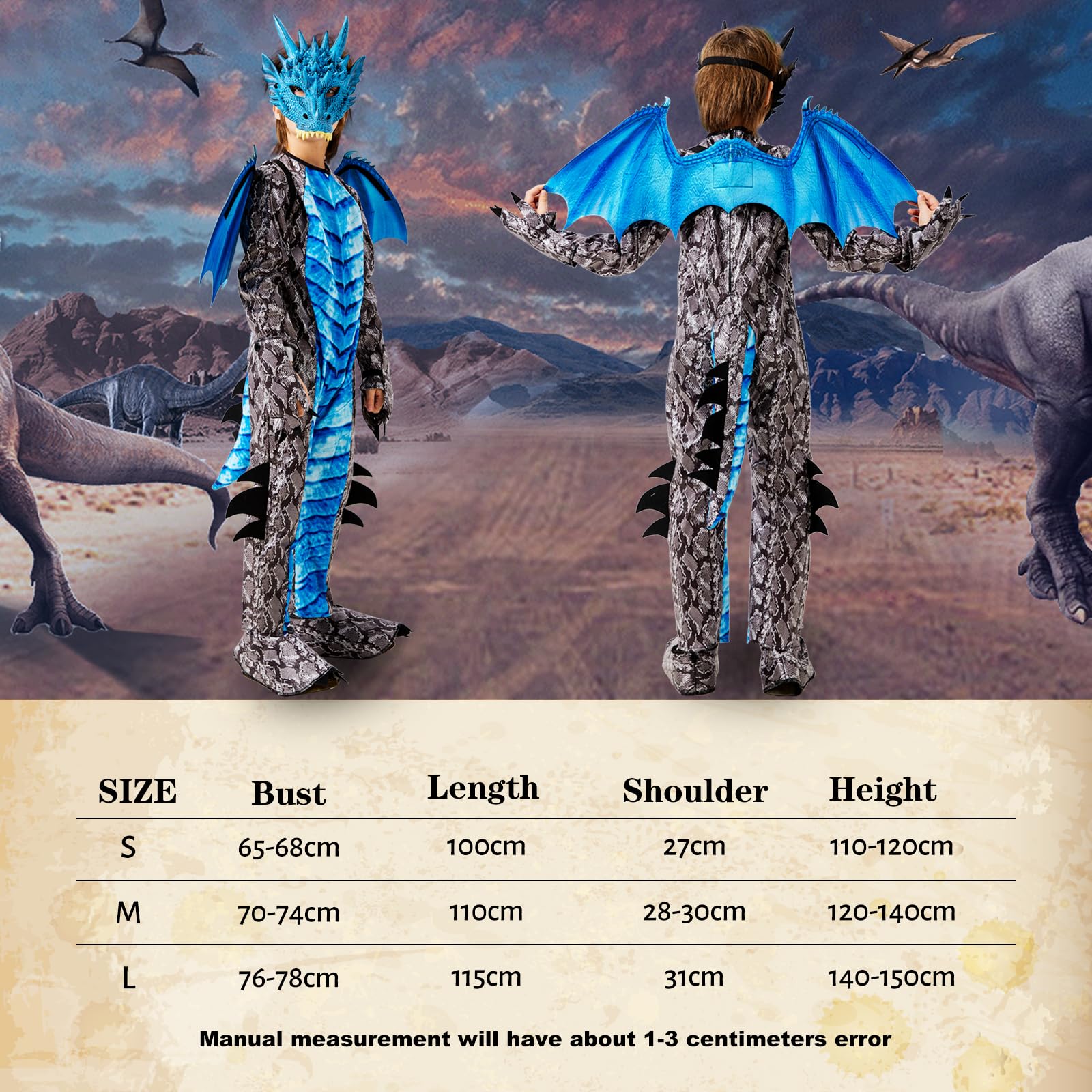 Ulikey Costume da Drago Bambino, Costume Carnevale Ragazzi, con Ali di Drago, Maschera da Drago, Dinosauri per Bambini Blu Rosso, Drago Tute per Bambini Carnevale Halloween Feste Cosplay
