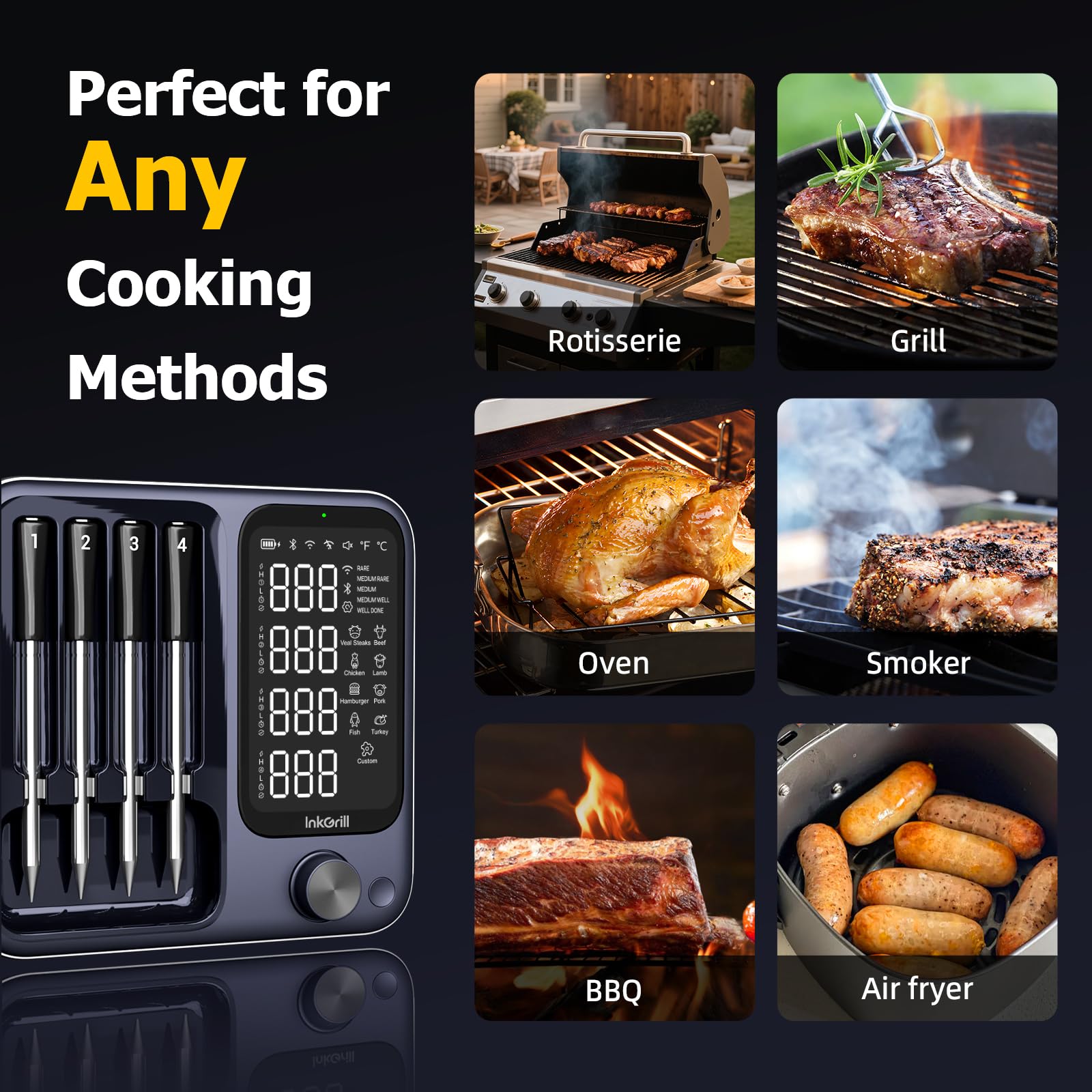 Wireless Meat Thermometer with APP Control，4 Probes Meat Thermometer Digital, Unlimited Range WiFi & Bluetooth Meat Thermometerfor for Rotisserie, Grill, Oven, Smoker, BBQ, Air Fryer