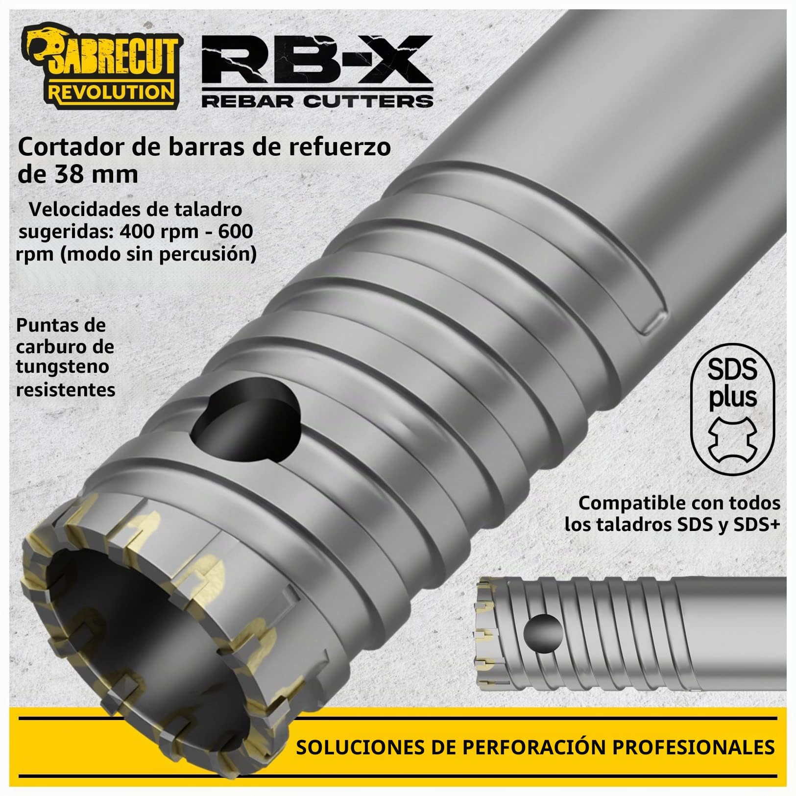 SabreCut 1pc SCRB38 38mm x 300mm Brocas Resistente | Puntas carburo de tungsteno y soldadura precisa cortan duraderamente varilla embebida