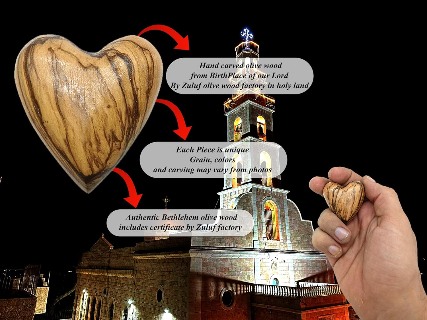 Zuluf Olive Wood Heart Wooden Carved Heart Wedding Gift Valentine Day Gift Made in Bethlehem with Certificate 1.7 x 1.5 Inch - Image 4