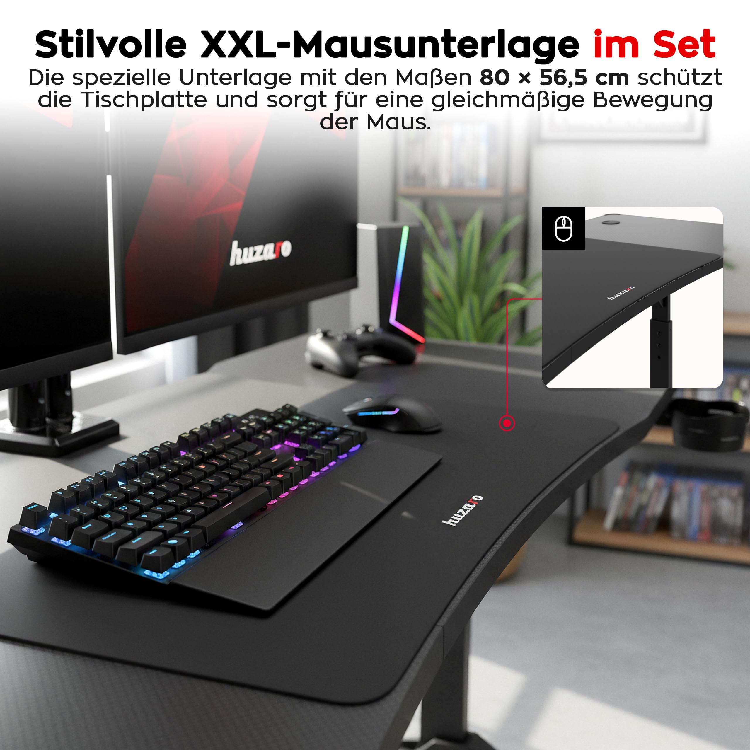 huzaro Hero 4.6 Gaming Tisch höhenverstellbar, Schreibtisch 160x60 cm | mit Carbon Oberfläche, Kabelmanagement, Getränkehalter & Kopfhörerhalter, PC Tisch Büro Home Office, Schwarz