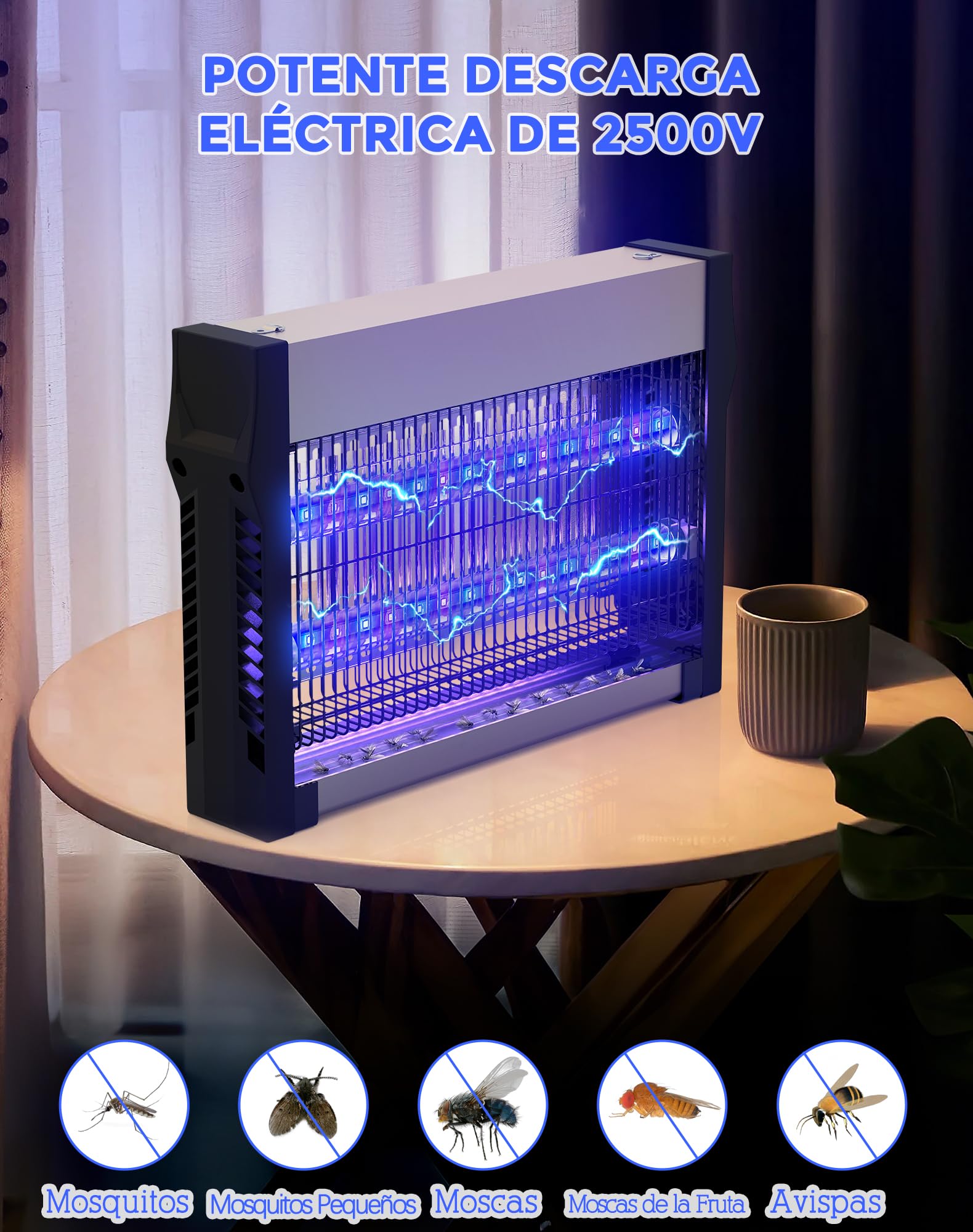 Lámpara Antimosquitos Eléctrica UV 365nm+395nm, Mata Mosquitos con Rejilla de 2500V, Trampa de Insectos sin Químicos, Luz Anti Mosquitos para Interior, Exterior, Hogar, Terraza, Jardín