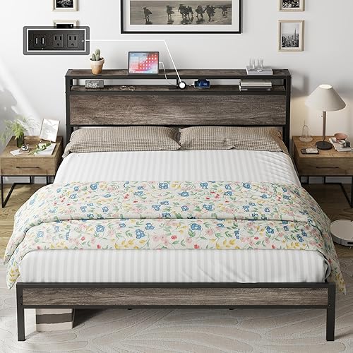Miniatura 3 de AMERLIFE Base de cama tamaño King con estación de carga, cabecera de almacenamiento de 2 niveles, no necesita somier, sin ruido, gris rústico