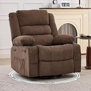 Rocking Recliner Chair for Adults Wide 360° Swivel Rocker Recliner with Cup Holder Nursery Glider with Upholstered Deep Seat Linen Lazy boy Chair for Living Room Browm