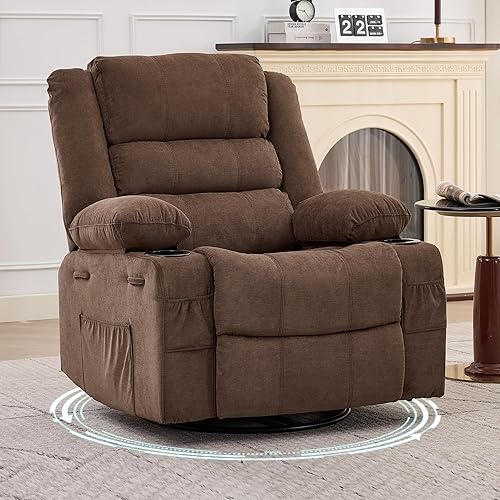 Rocking Recliner Chair for Adults Wide 360° Swivel Rocker Recliner with Cup Holder Nursery Glider with Upholstered Deep Seat Linen Lazy boy Chair for Living Room Browm