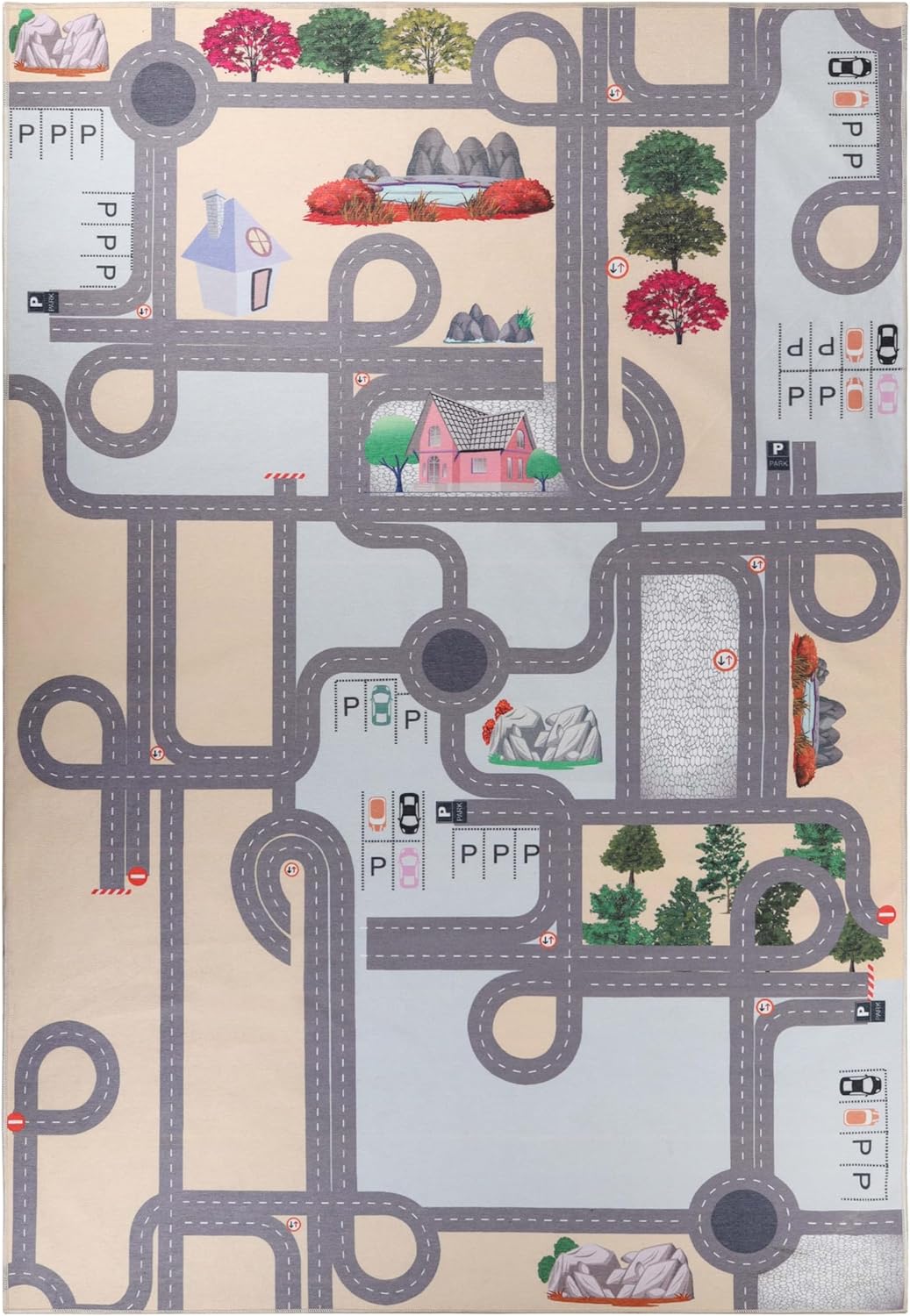 Superior Country Road Non-Slip Indoor Rug for Kids, Toddlers & Babies, Washable, Perfect for Playroom, Kids Room, Nursery, or Bedroom, Interactive Road, Streets, Buildings and Trees, 8' x 10', Cream
