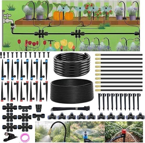 240FT Drip Irrigation System for Garden: Quick Connect 1/2" OD 5/16" ID PE Main Tubing Automatic Sprinkler Kit Adjustable Misting Part 1/4" Watering Hose for Outdoor Raised Bed Plants Flower Yard