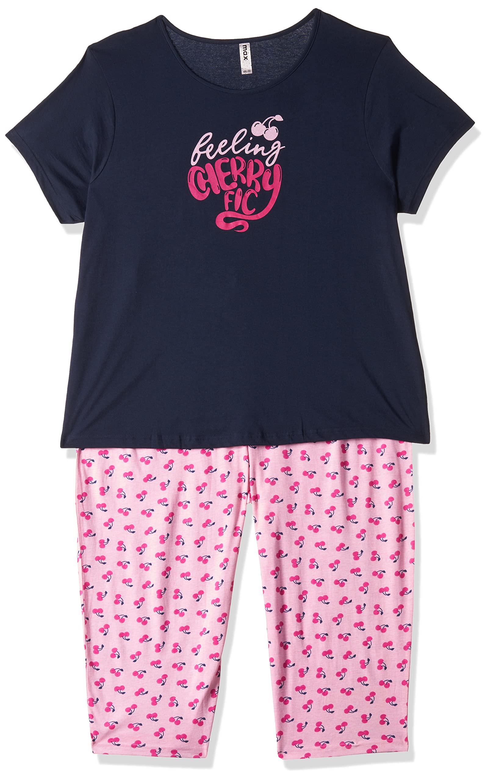 MaxWomen Plus Size Pure Cotton Printed Round Neck T-Shirt with Elasticated Capris