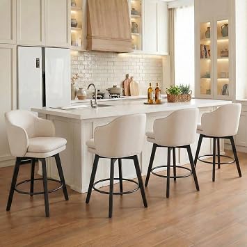 KISLOT Counter Height Barstools 26 inch Upholstered Swivel Bar Stools with Back and Wood Legs for Kitchen Island,Set of 4,Ivory Fabric