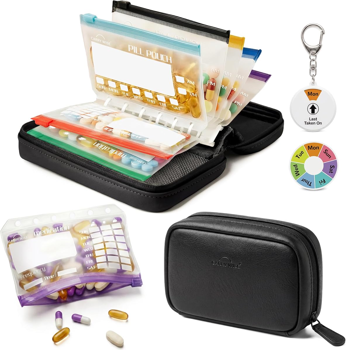 Weekly Pill Organizer,Vegan Leather Travel Medicine Bag - Pill Container with 7 Color-Coded Resuable Waterproof Pills Pouches, Dual-Sided Labeling Design & Reminder Spinner for Vitamins, Supplements