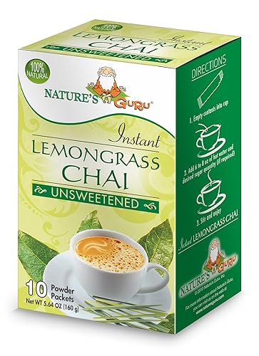 Nature's Guru Mezcla instantánea de bebida de té chai de limoncillo, sin azúcar, 10 paquetes de bebida para llevar de una sola porción