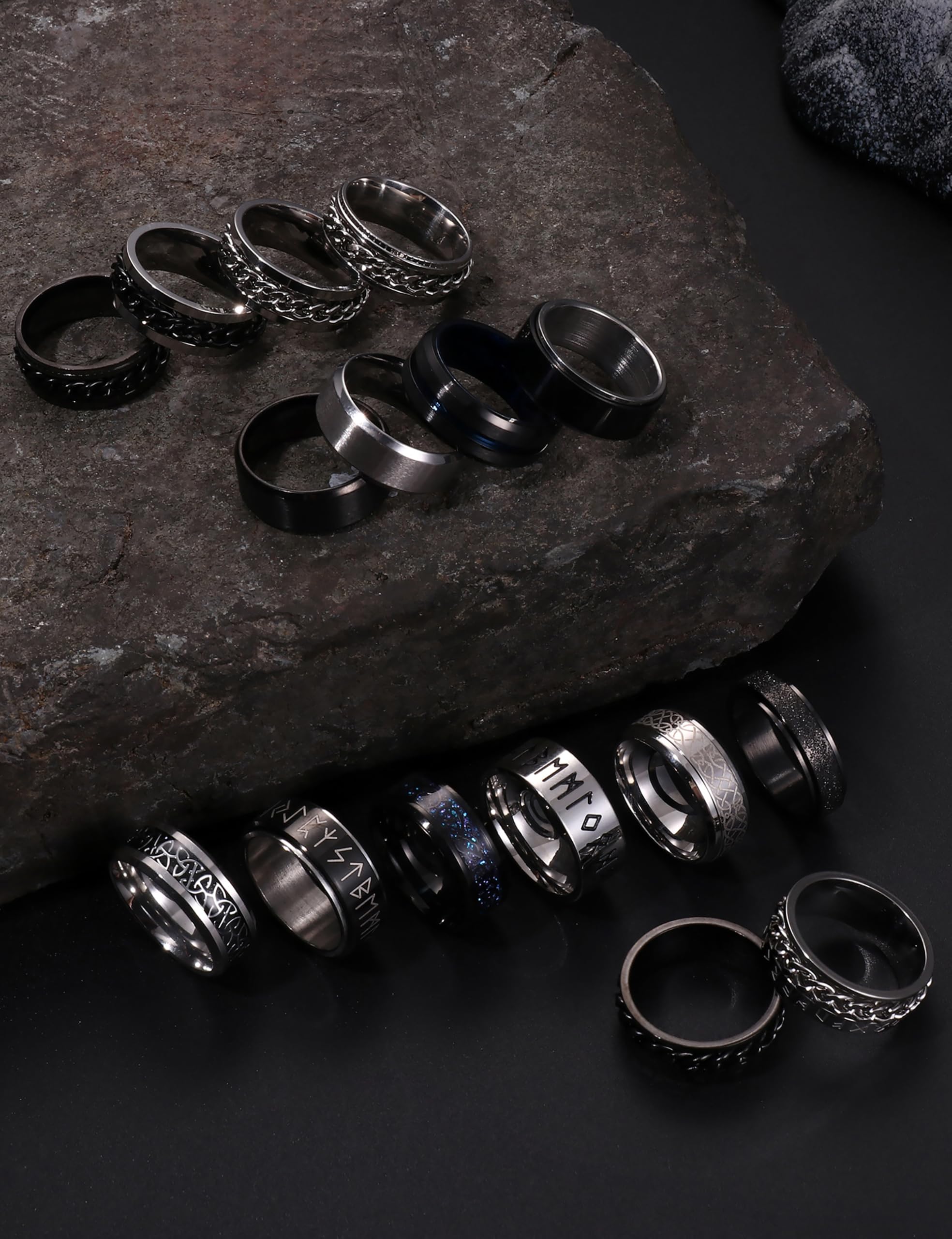 MILACOLATO 16 PCS Bague Homme Acier Inoxydable Noir Tournante Chaîne Rock Bague Vintage Gothique Anneaux en Fiber de Carbone Bagues Dragon Celtique Bleu Mariage Promise Bande Anneau Taille 52-70