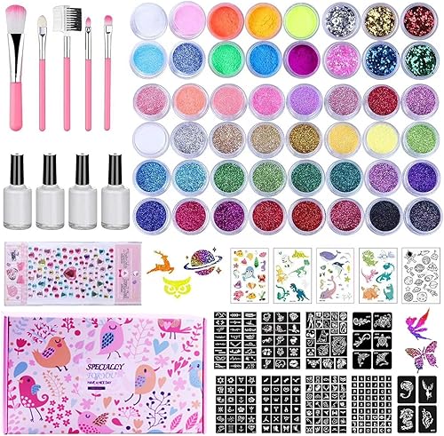 Kit de tatuajes temporales con purpurina para niños, 48 colores en polvo con 209 plantillas temporales de tatuaje y 5 calcomanías luminosas para