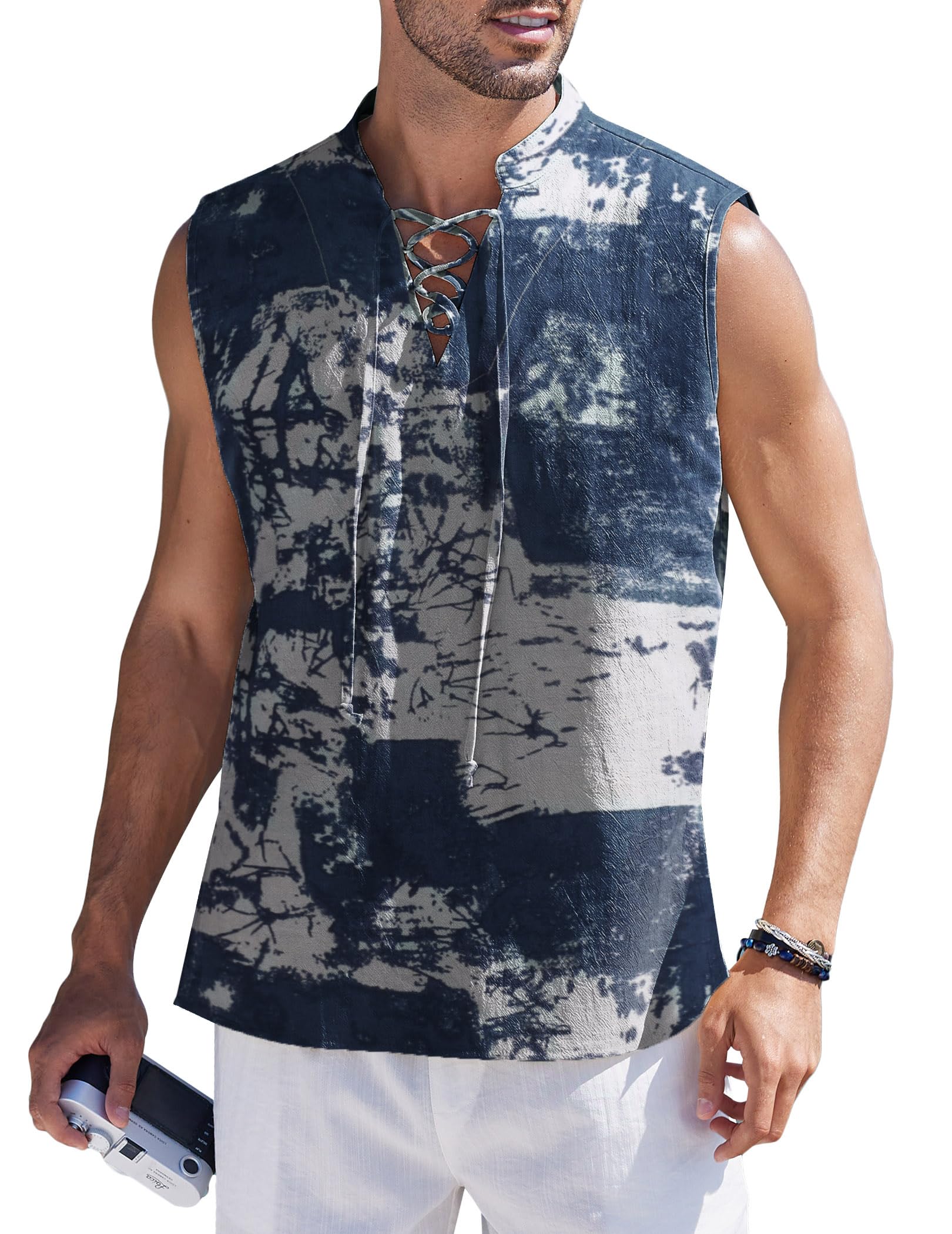 COOFANDY Men Tank Top Cotton Linen Beach Sleeveless Shirt Lace Up Bohemian Hippie Renaissance Pirate Kilt Medieval Tunic