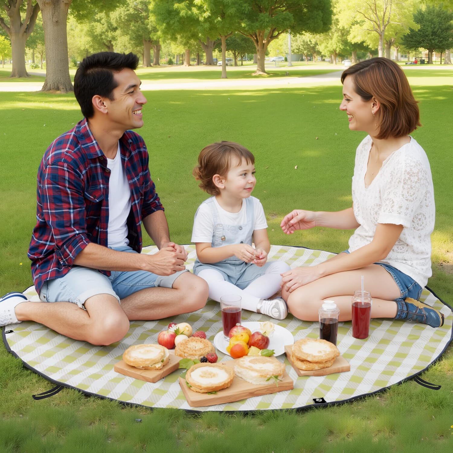 GRANNY SAYS 2-in-1 49¼”D Black Waterproof Picnic Blankets & Tote Bag, Large Picnic Mat for Camping, Grass, and Park, Foldable 3-Layer Outdoor Blanket, Sand-Free Beach Blanket with 1 Clip and 4 Stakes