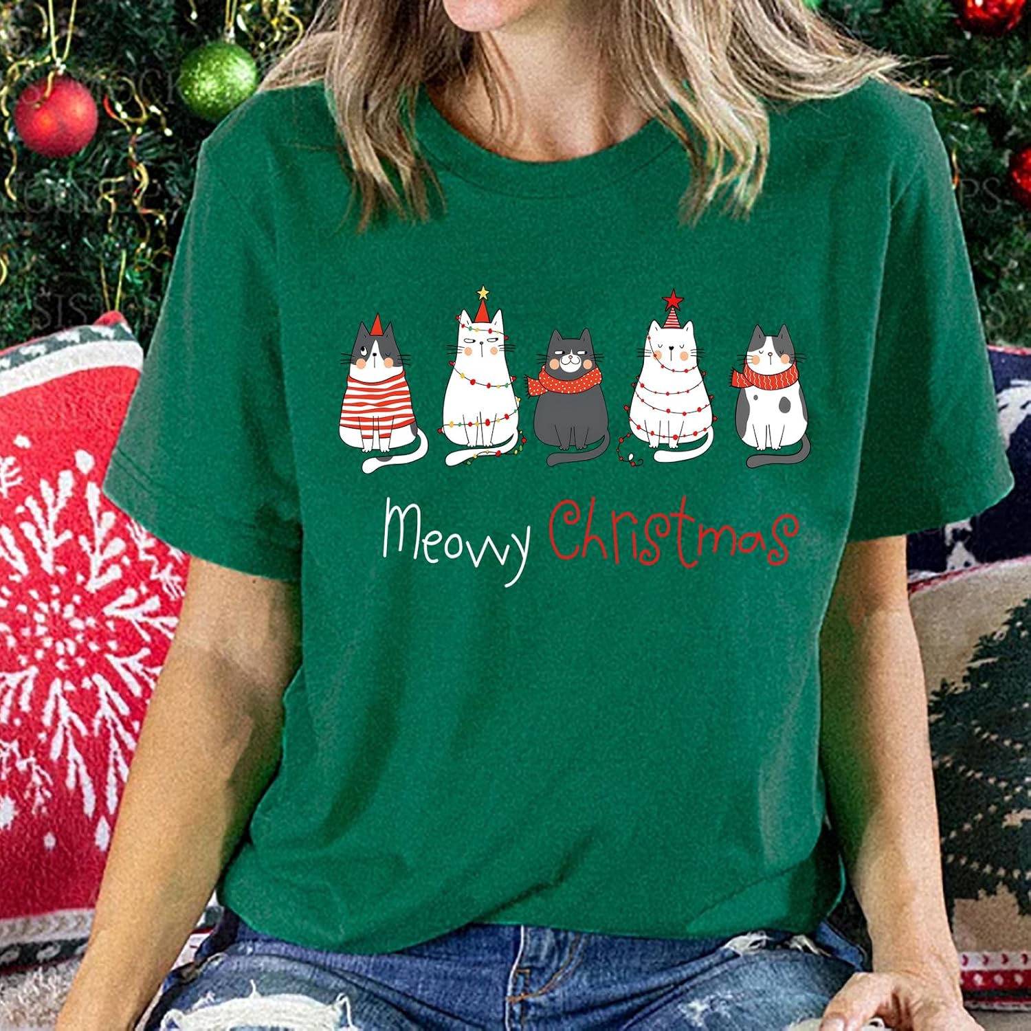 Christmas Crew Shirts for Women Merry and Bright Christmas Shirt Xmas Tree Graphic Tee Tops Holiday Tshirts - Image 2