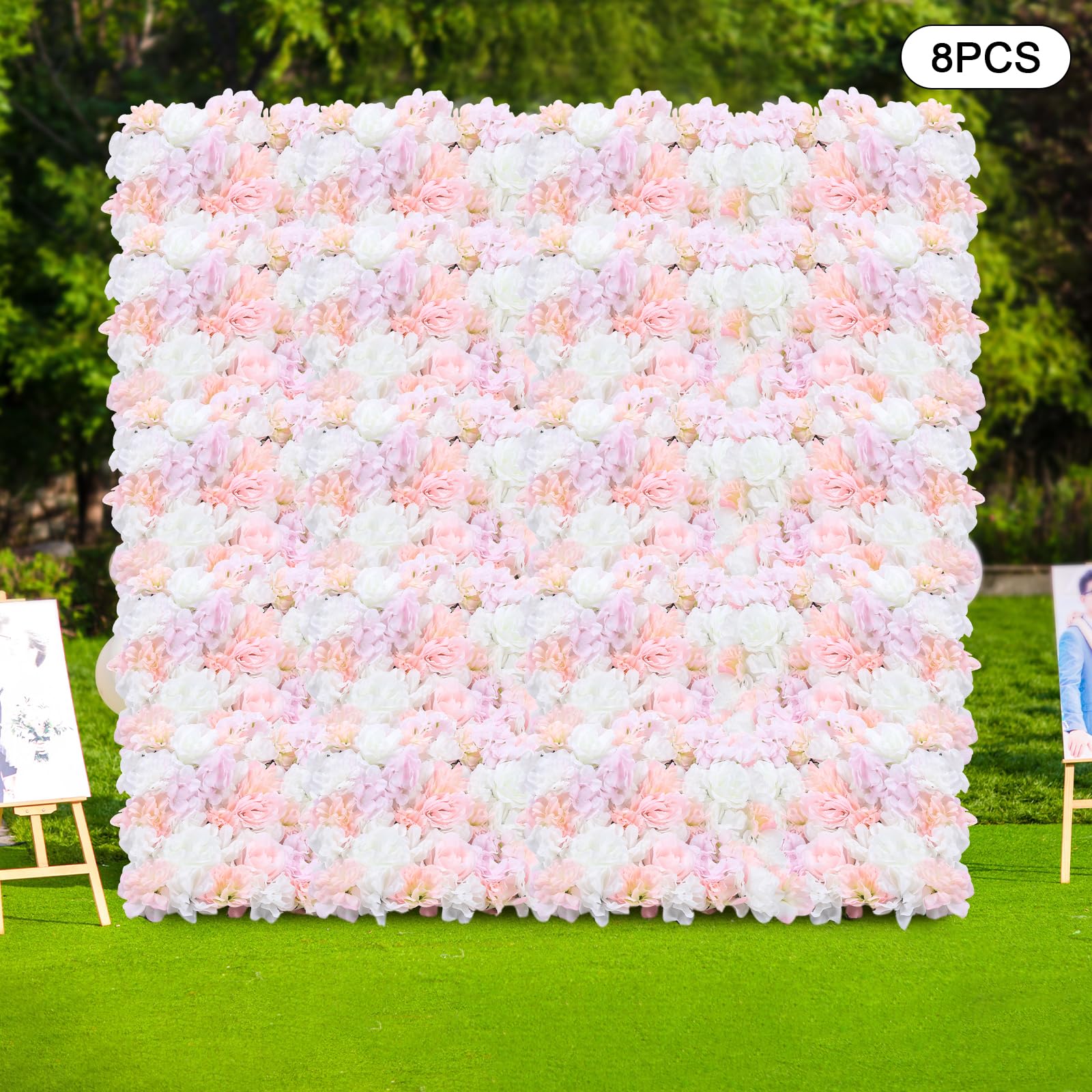 WooDerson 8 Stück Blumenwand Kunstblumen Rosa+Weiß 60x40cm Wandpaneel Mit Künstlichen Blumen Für DIY Hochzeit Party Festival Haus Garten Dekoration, Kunstblumen Deko